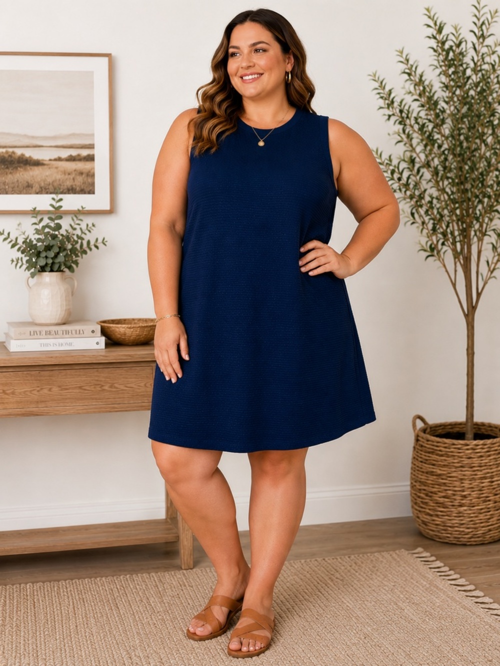 Stylus XXL Navy Textured Sleeveless Shift Dress Tunic